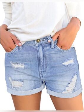 Women's Distressed Rolled-Hem Denim Shorts - Light Blue
